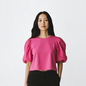 A New Day Pink Puff Sleeve Crew Neck T Shirt Cropped Size Small